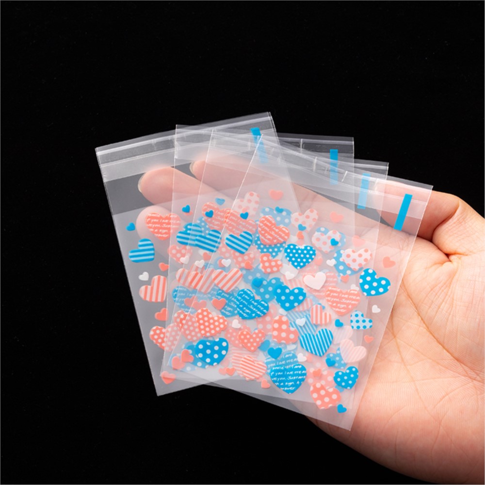 100Pcs 7x7/10x10cm Heart Clear Candy Bag Transparent Self Adhesive Plastic Bag Birthday Party Deco Gift Packaging Pouch Supplies
