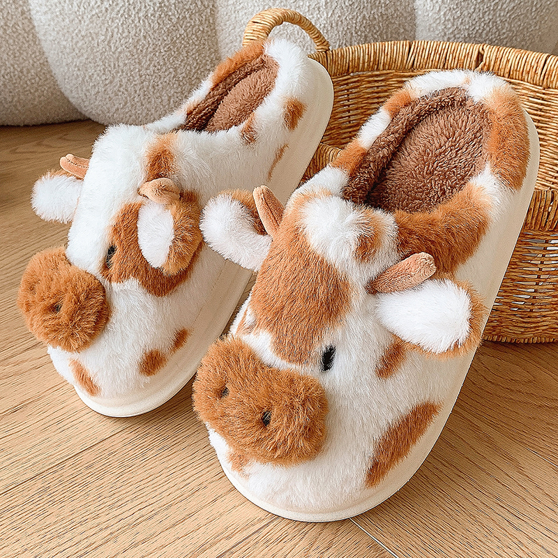 Casual Fluffy Slippers Vrouwen Huis Leuke Cartoon Koe Designer Schoenen Meisje Platte Mode Elegante Pluche Winter Platform Schoeisel Thuis