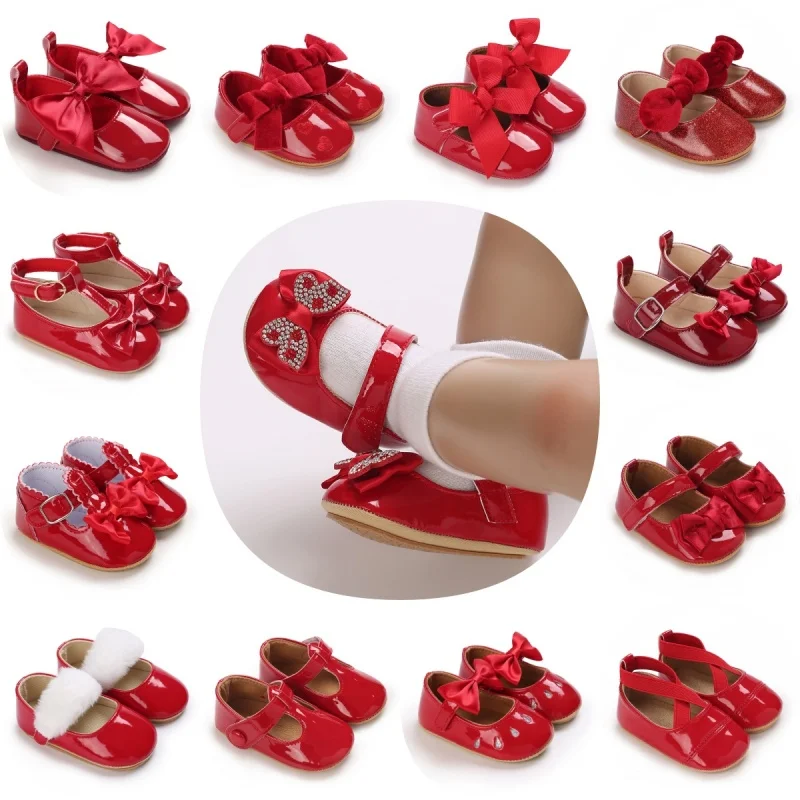 Rote klassische pu Leder Mädchen Bogen Prinzessin flache Schuhe mit Anti-Rutsch-Gummis ohle Walking Neugeborenen Baby Krippe Kleid Schuhe 0-18m