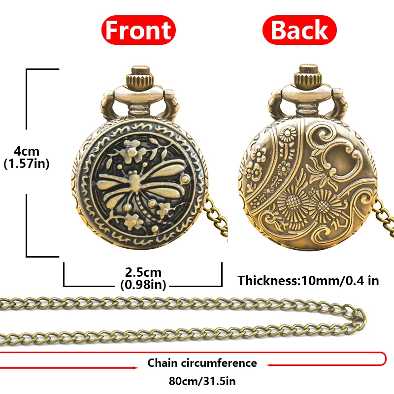Kleine, Retro Bronze Steampunk Libelle gravierte kleine Quarz Taschenuhr Halskette Anhänger Uhr Kette Männer und Frauen Kette Geschenk