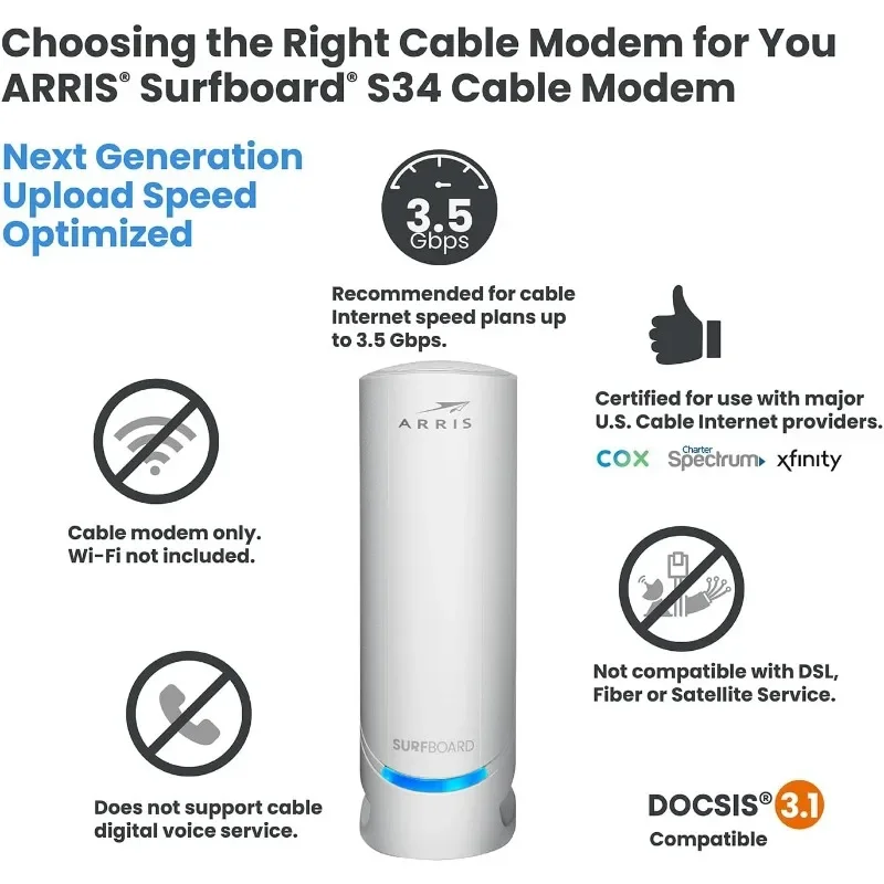 Tools.Surfboard S34 DOCSIS 3.1 Multi-Gigabit Cable Modem | Approved for Comcast Xfinity, Cox, & More