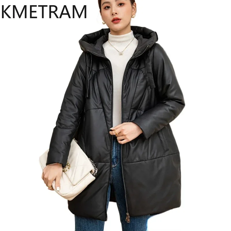 Weiße Entendaunen-Leder-Pufferjacke für Damen, echtes Schaffell, Übergröße, Daunenmäntel mit Kapuze, Damen-Winterkleidung 2024, Bydхок