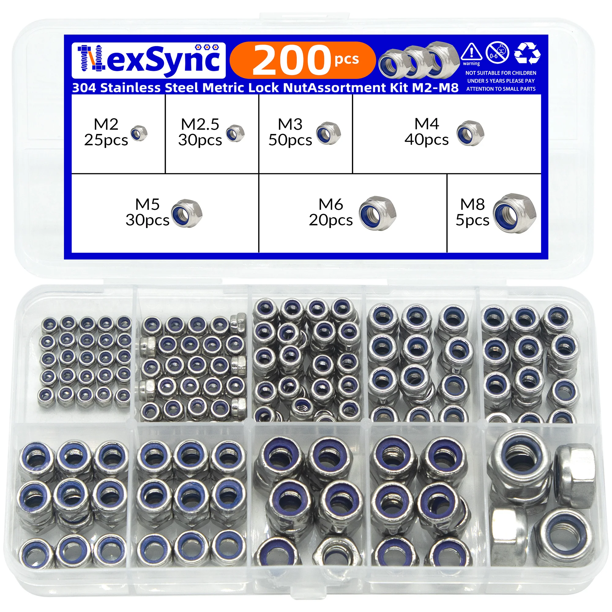 200 Uds DIN985 inserto hexagonal de nailon tuerca autoblocante Nylock juego surtido de tuercas M2 M2.5 M3 M4 M5 M6 M8 304 A2-70 acero inoxidable