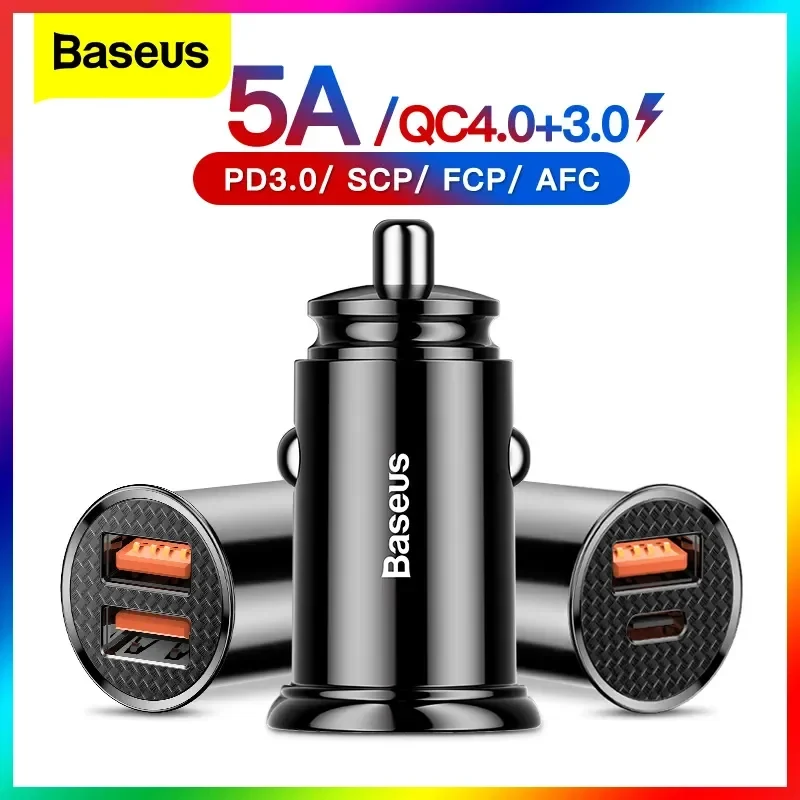 Baseus USB cargador de coche carga rápida 4,0 QC4.0 QC3.0 PPS SCP 5A PD tipo C 30W cargador USB de coche rápido para iPhone Xiaomi teléfono móvil