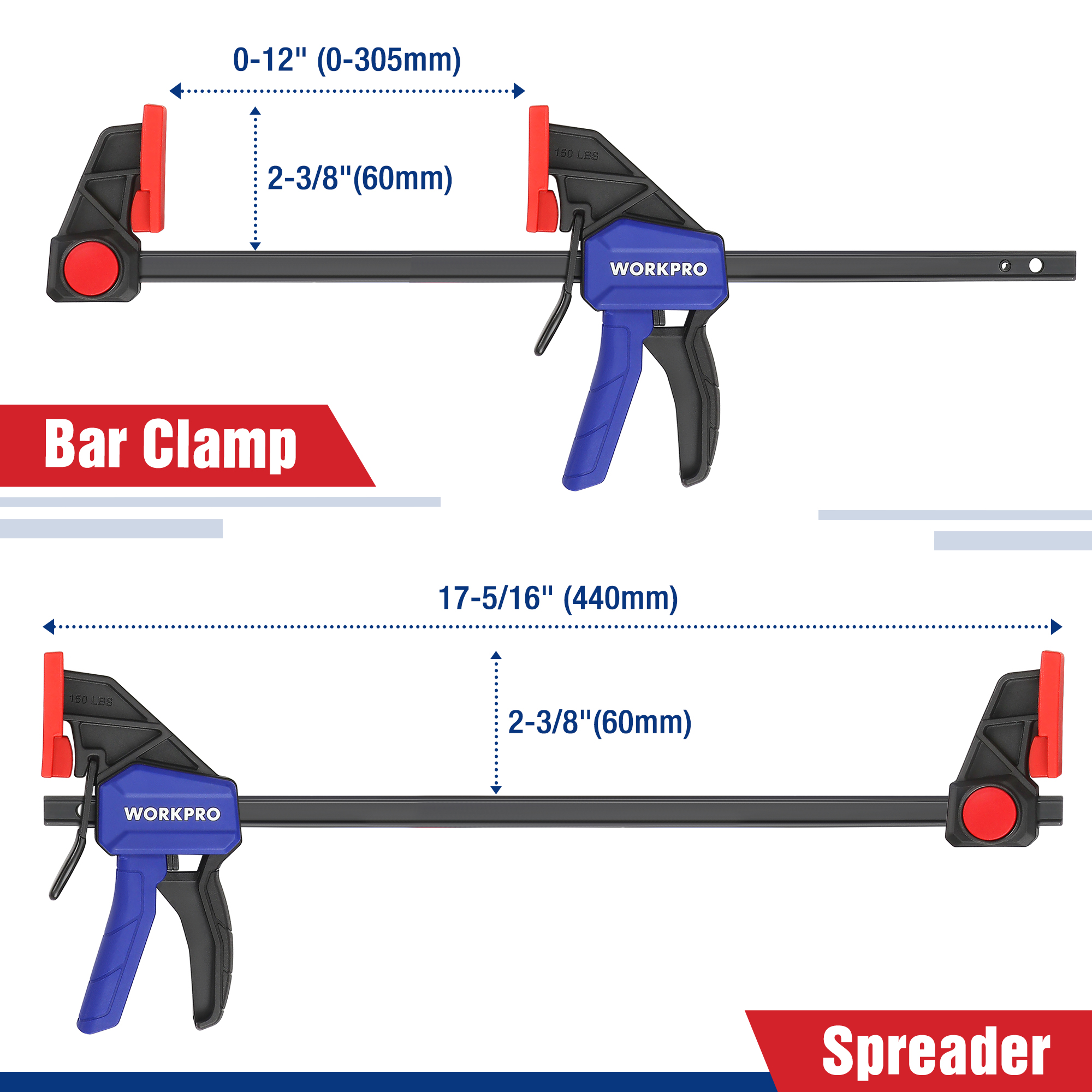 WORKPRO 2PC Ratchet Bar Clamp Set 6-Inch/12-Inch Quick Release and One-Handed Heavy-Duty Bar Clamp/Spreader for Woodworking