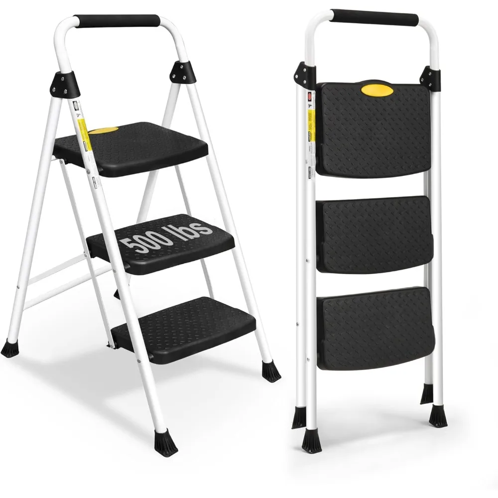 Escalera plegable de 3 peldaños, escalera compacta, con mango de goma, diseño antideslizante, acero, capacidad de carga de hasta 150 kg