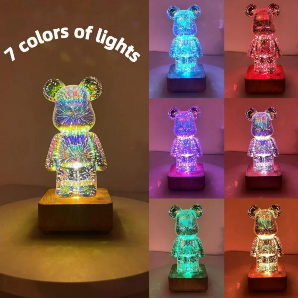 LED 3D Niedźwiedź Fajerwerki Lampka nocna Projektor USB Lampa zmieniająca kolor Lampa otoczenia Nadaje się do dekoracji sypialni w pokoju dziecięcym