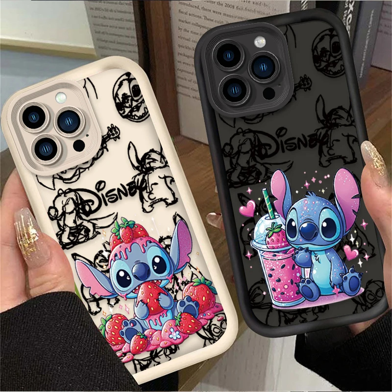 Funda de teléfono bonita de fresa de Disney Stitch para iPhone 16 15 14 13 12 11 Pro Max X XS Max XR 12 13 Mini 8Plus, funda suave a prueba de golpes