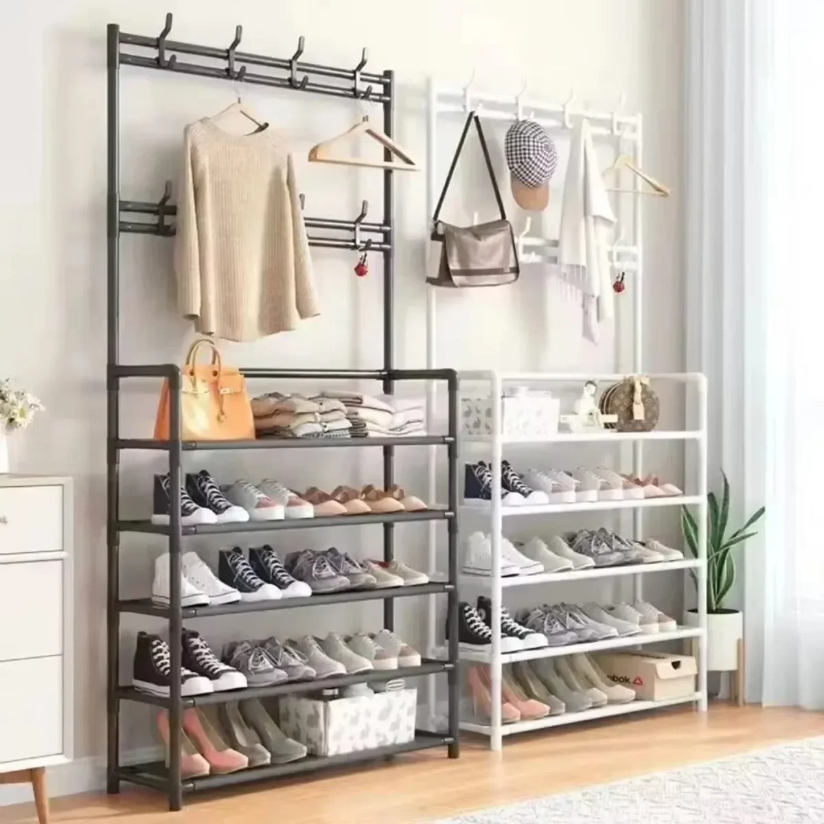 Rack de sapato multicamadas, organizador de suporte de carga diy com cabide de chapéu, armazenamento multifuncional para sapatos domésticos, tipo rack
