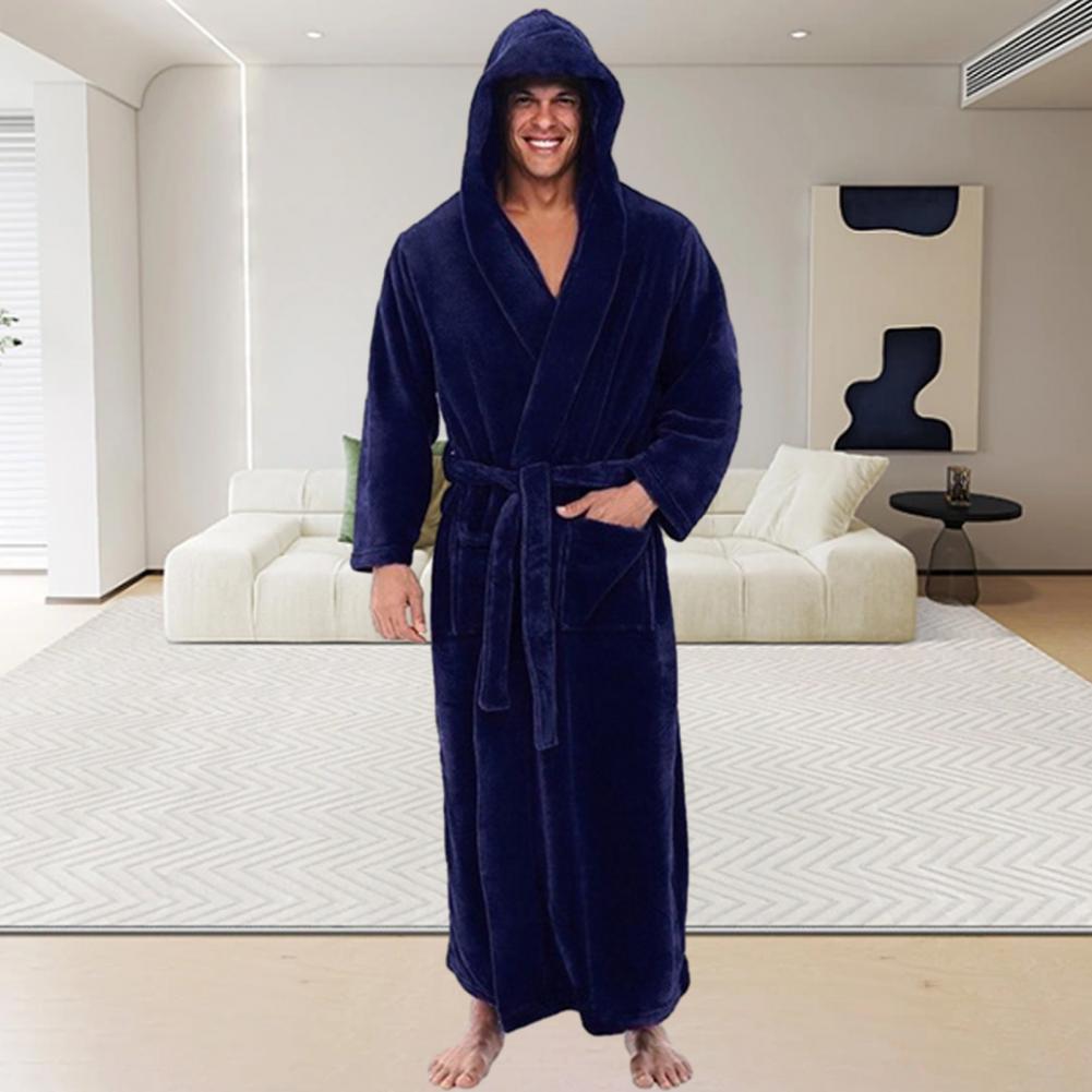 Hooded Bathrobe Soft Absorbent Men's Hooded Bathrobes Adjustable Belt Pockets Cozy Fluffy Shower Male Bathrobe Sleep Lounge