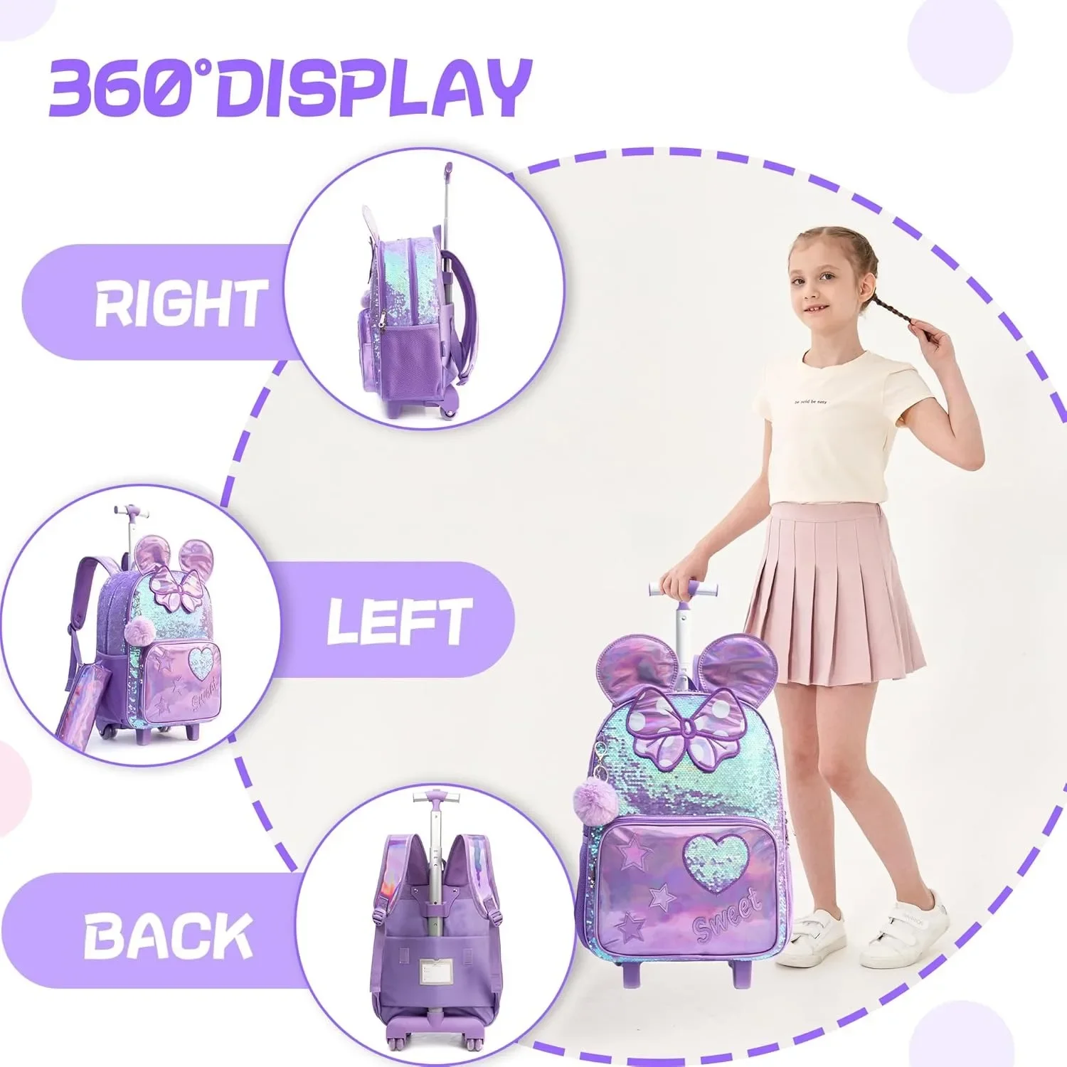 Mochila rodante con lentejuelas bonitas para niñas, mochilas escolares para niños de primaria, mochilas de regreso a la escuela con ruedas, equipaje para niños, 3 uds.