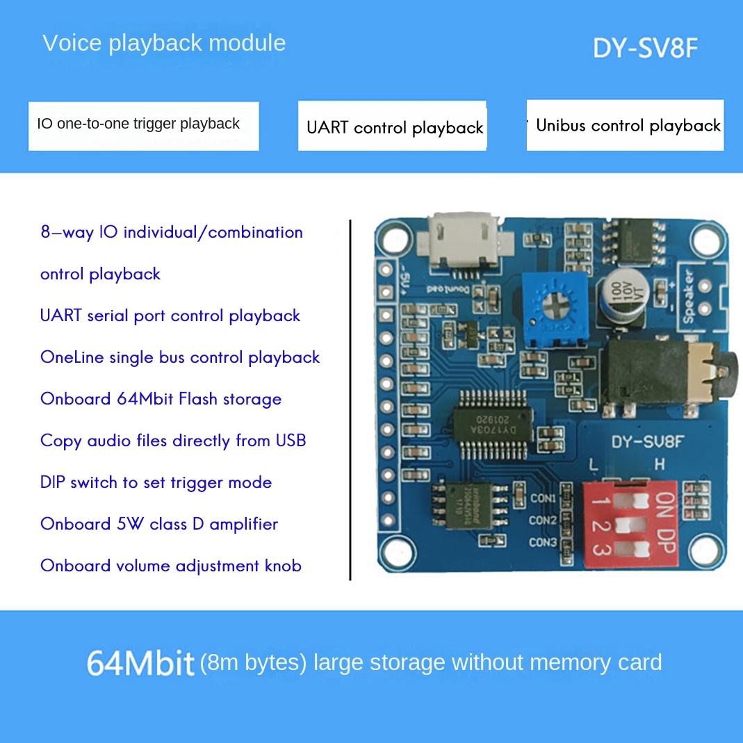 ABZZ-DY-SV8F Sprachwiedergabemodul MP3-Player UART I/O Trigger Verstärker Klasse D 5W 8M Speicher Flash SD/TF-Karte für Arduino