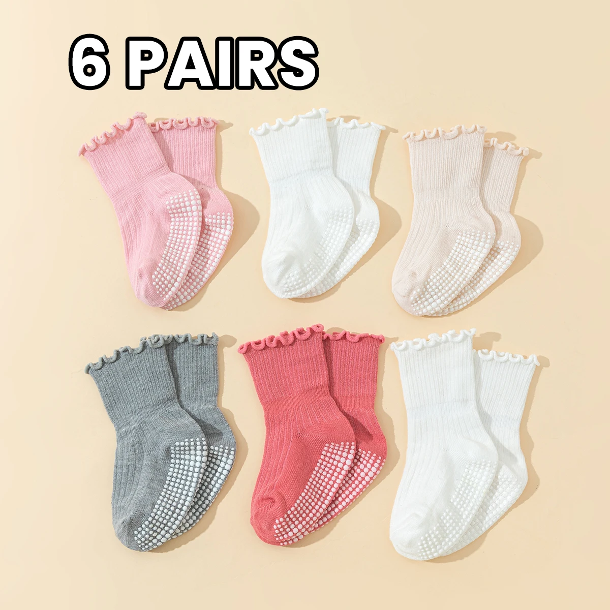 6 pares de calcetines de algodón para niñas pequeñas con encaje, calcetines de gel antideslizantes para bebés, lindos calcetines para caminar con diseño de volantes antideslizantes