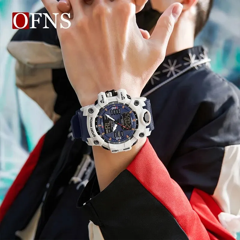 OFNS トップデュアルディスプレイメンズ腕時計防水スポーツウォッチ軍人アラームストップウォッチクォーツ腕時計男性デジタル時計