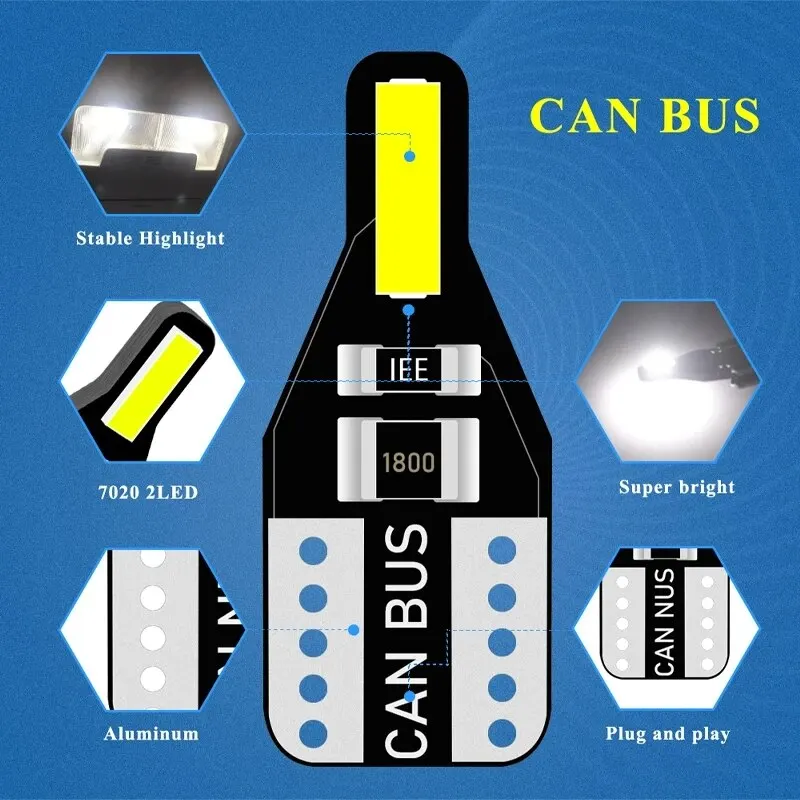 10 pçs t10 w5w led canbus lâmpada 194 168 7020 cob 2smd luzes interiores do carro lâmpada de leitura lâmpada cunha branco livre erros