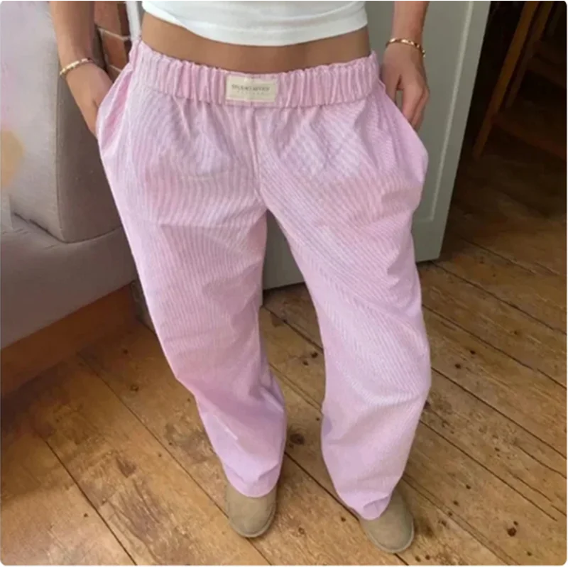 Women's Pink Stripe Elastic Waist Pocket Pants Straight Leg Loose Pants Street Casual Comfortable Summer Y2K Pants