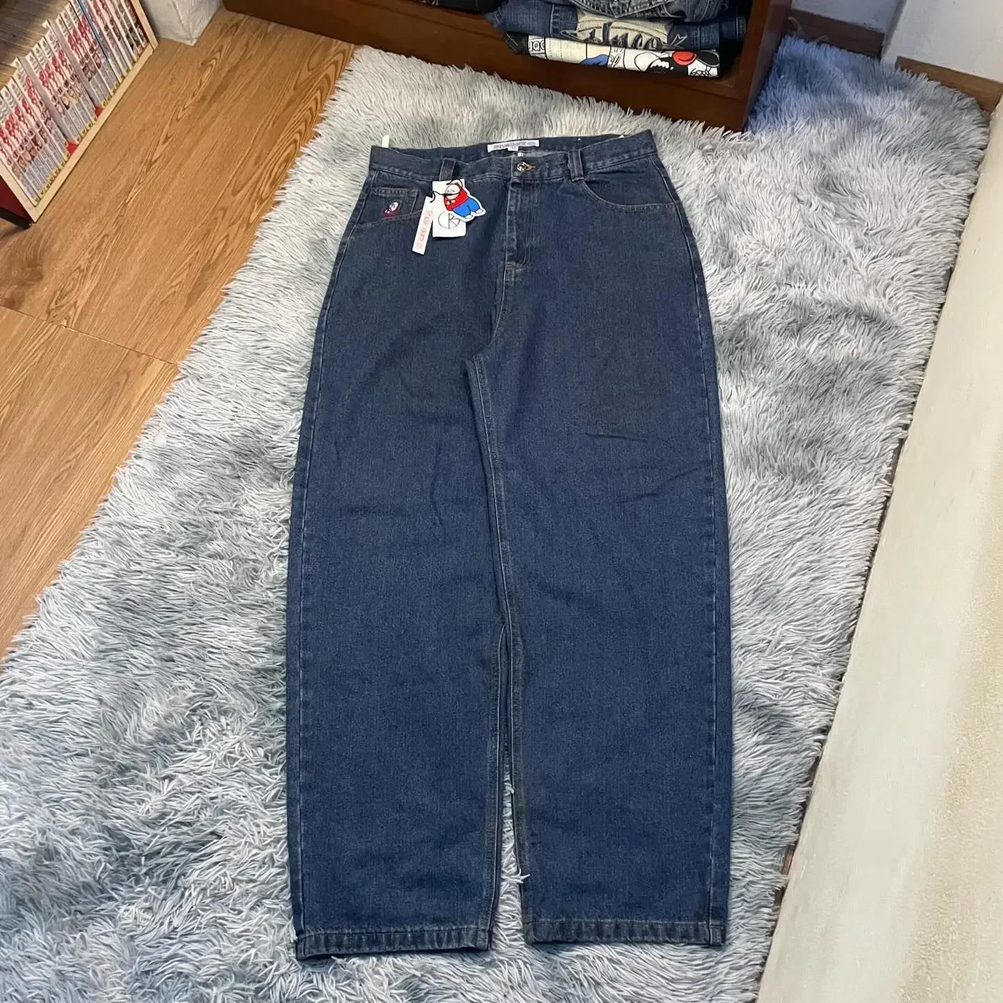 Y2K パンツヒップホップ漫画ストリート極地ビッグボーイジーンズ刺繍レトロブルーだぶだぶのジーンズメンズレディースハイウエストワイドズボン