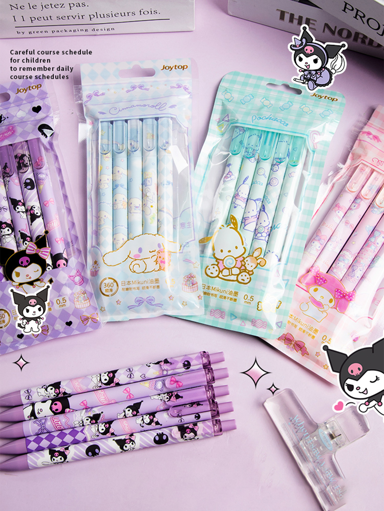 Sanrio hello kitty kuromi 6 peças caneta gel 0.5mm secagem rápida desenho animado material escolar estudante kawaii y2k conjunto de presente cinnamo