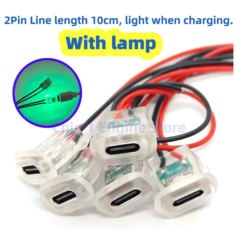 10 pçs 2pin usb tipo c entrada tipo tomada de carregamento com luzes led placa à prova dwaterproof água USB-C porta alimentação TYPE-C conector fêmea jack