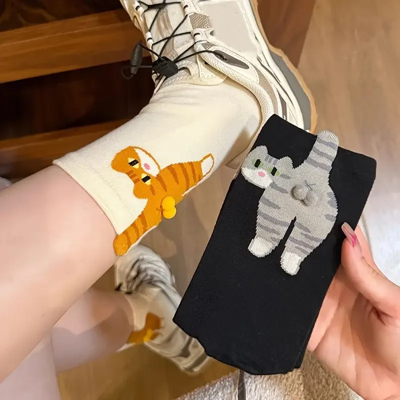 Ins Style Niedliche Paar-Umstandssocken für Frühling und Sommer, mittelhohe Socken mit Katzen- und Dingdong-Ei-Muster für Damen