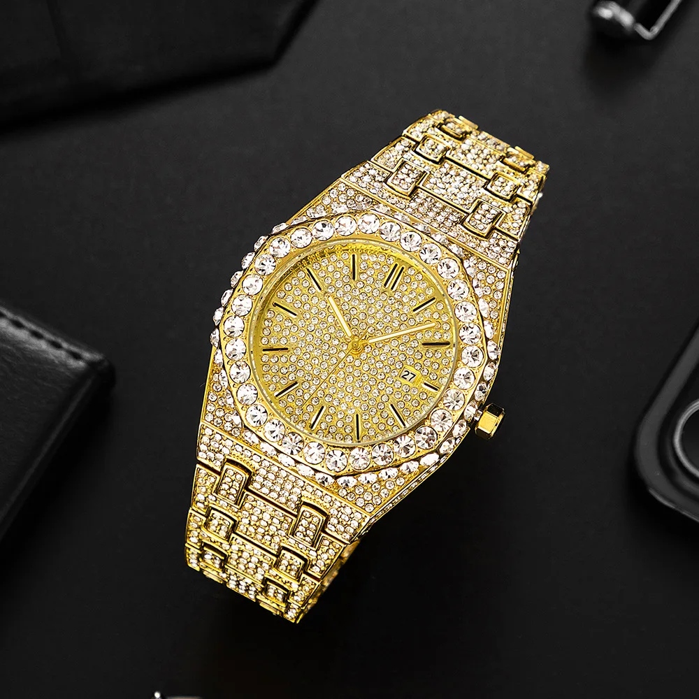 Relógio masculino luxuoso de diamante hip hop, banhado a ouro 18k, relógio de pulso de quartzo de 20mm, caixa redonda gelada, pulseira brilhante, presente