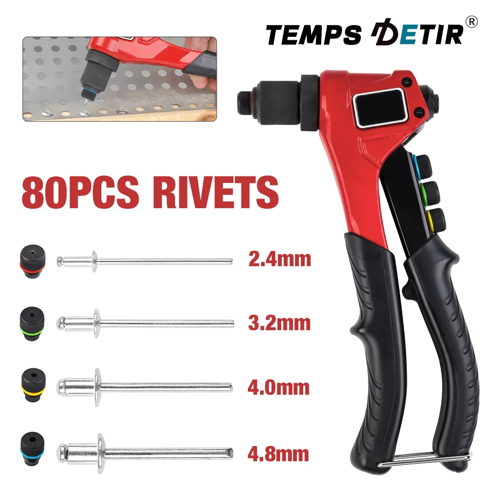 Pistola de rebite manual de 2,4/3,2/4,0/4,8 mm, ferramenta de rebitagem rápida doméstica faça você mesmo, com 4 cabeças de rebite intercambiáveis ​​e 80 rebites, conjunto de ferramentas de pistola de rebite cego