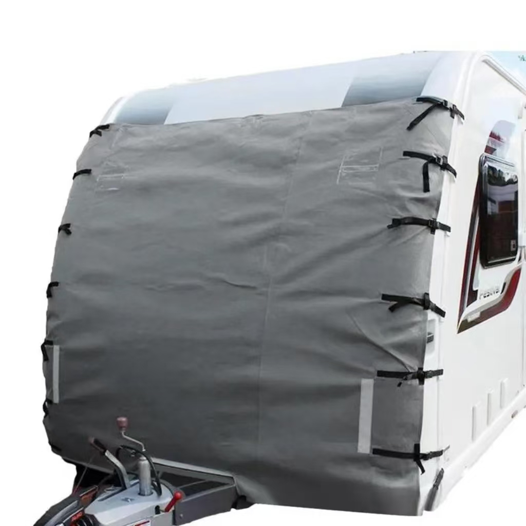 ユニバーサル防水オックスフォードRVキャラバンフロント牽引カバー、防塵プロテクター、反射ストリップ、キャンピングカートレーラー