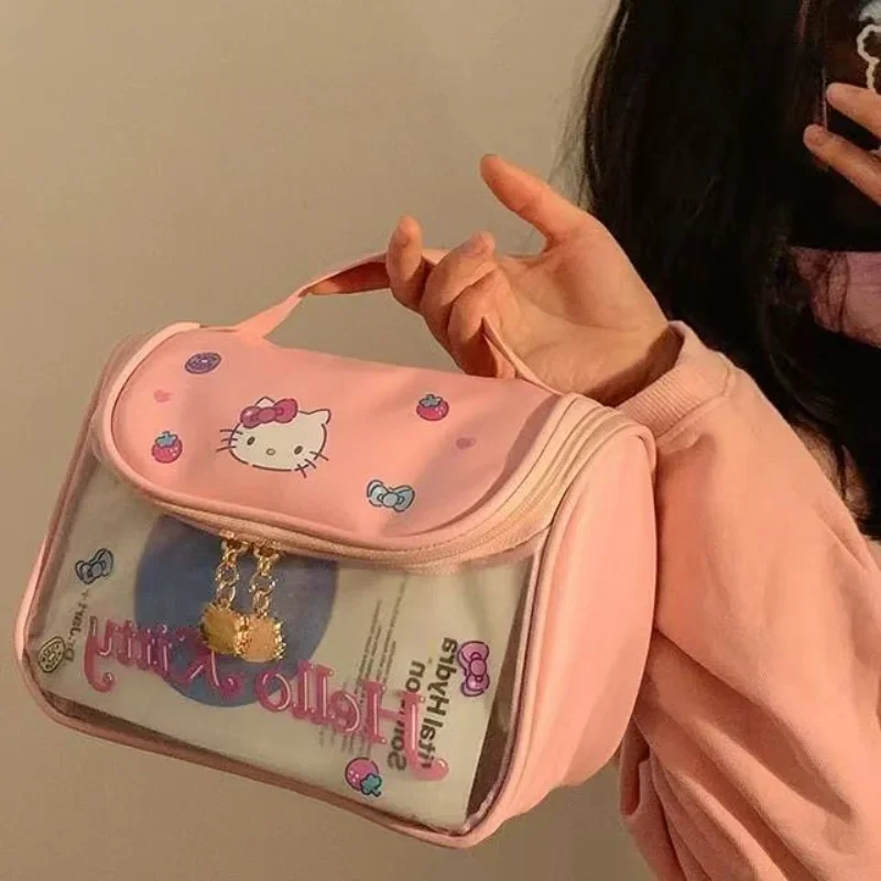 MINISO Hello Kitty Borsa per trucco portatile Borsa portaoggetti trasparente per bagno da viaggio di grande capacità per ragazze