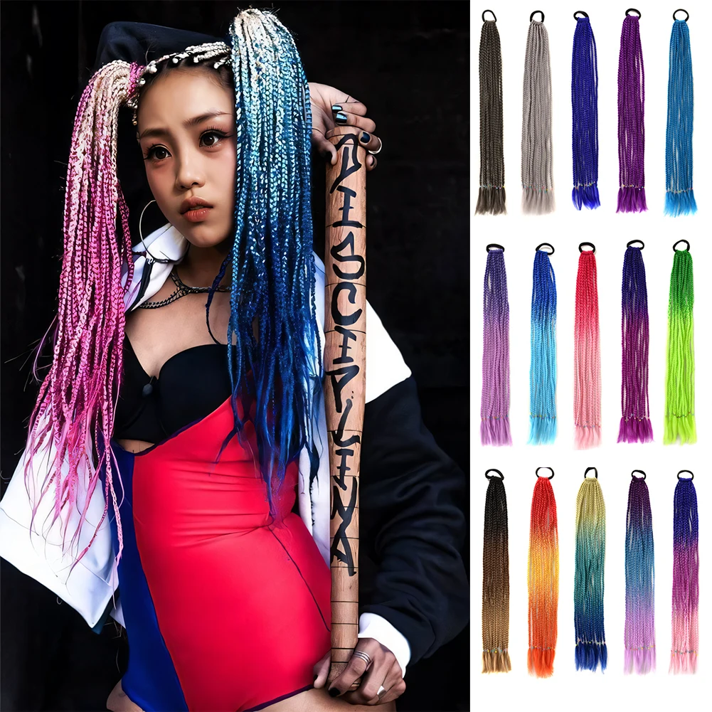 Extensão de cabelo sintético trançado colorido para mulheres, tranças coloridas do arco-íris, rabo de pônei com elástico para meninas, 24 polegadas