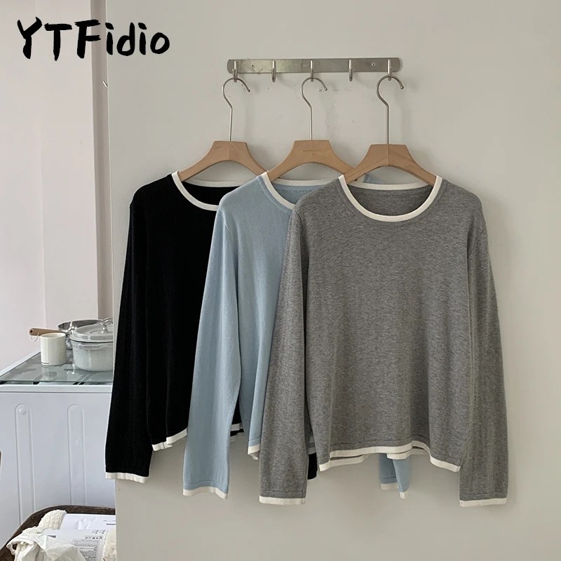 YTFidio 100% Algodão Mulheres O-pescoço Cor bloqueando camisa de manga comprida plus size liquidação marcas de luxo de alta qualidade 244