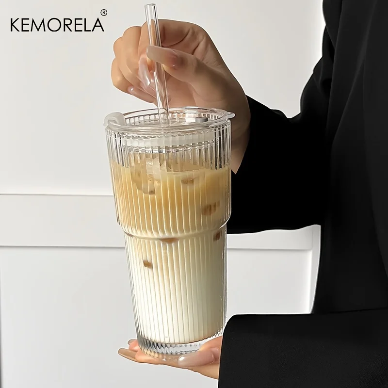 600 ml Streifen-Glas-Kaffeetasse mit Deckel und ohne Deckel, Strohhalm, transparente Trinkgläser für Saft, Eiskaffeetassen, Trinkgeschirr