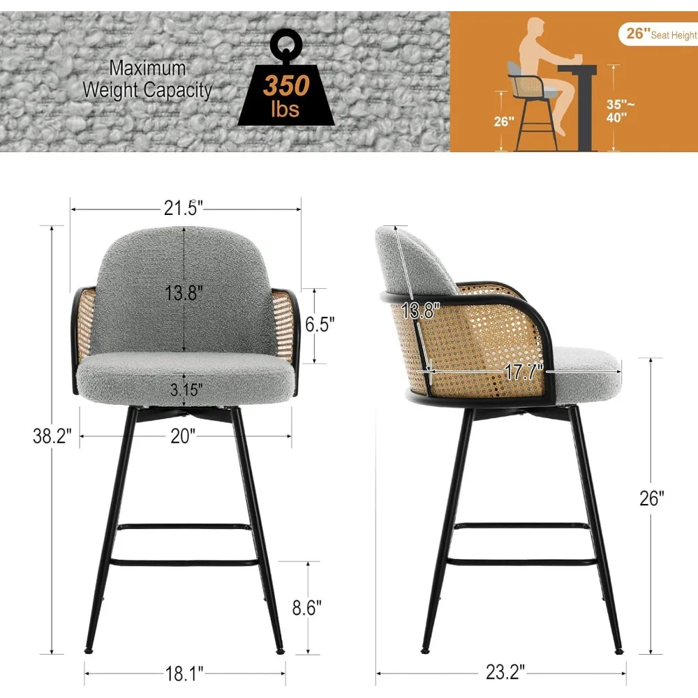 Counter Height Swivel Stools with Back, Boucle Fabric Upholstered Seat Counter Chairs, Modern Barstools with Metal Legs