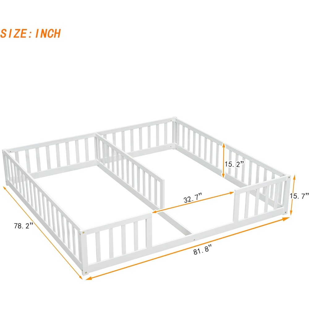 Size Double Frame Floor Bed with Fence, Montessori Floor Bed w/Safety Guardrails for Girls, Boys, No Box Spring Needed, White