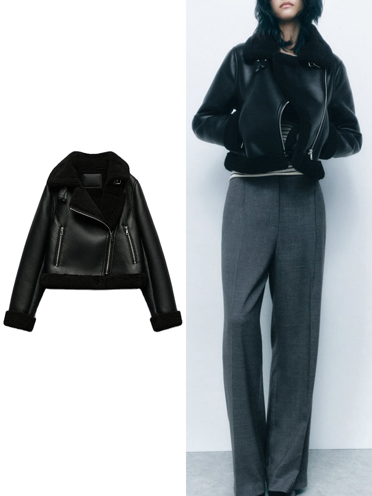 TRAF Frauen Winter neue Mode lässige Jacke Mantel verdickt warm lose Pelzmantel Flip Revers Langarm Reißverschluss Retro kurze Jacke