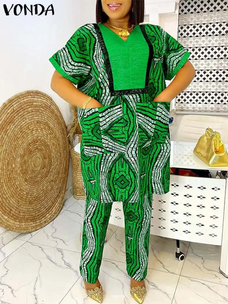 Plus Größe 5XL Frauen Sets Sommer Druck Loungewear Hosen Sets VONDA 2024 Vintage Kurzarm Tops Lose Hosen Anzüge Zwei Stück