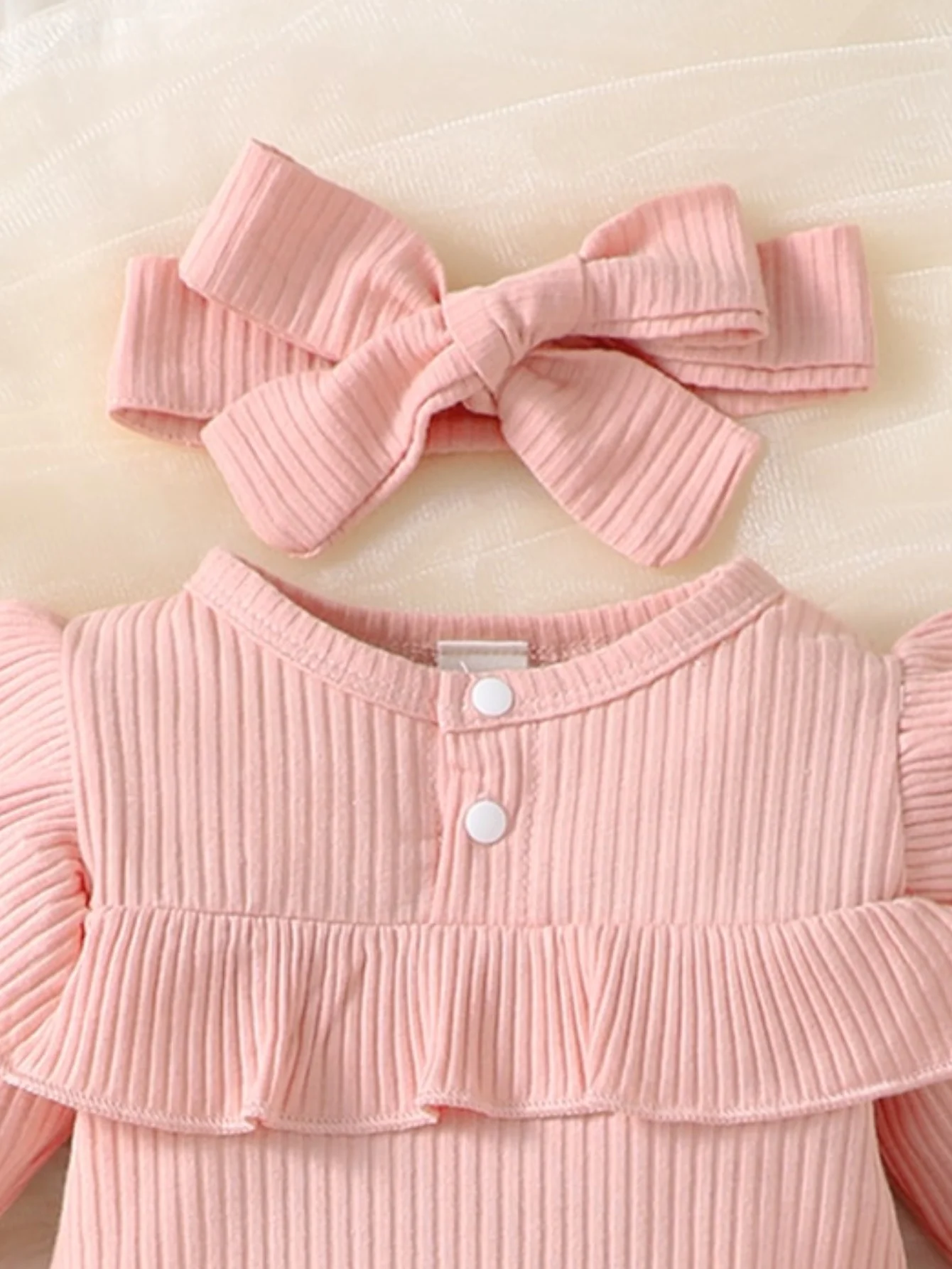 ฤดูใบไม้ผลิและฤดูใบไม้ร่วงเด็กผู้หญิง Ruffle Trim บอดี้สูทและกางเกงและแถบคาดศีรษะ