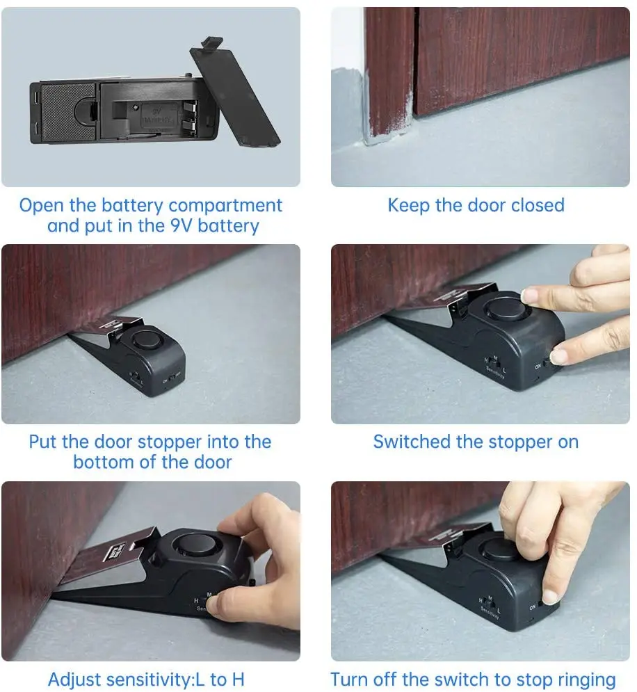 Allarme fermaporta aggiornato Fermaporta portatile di sicurezza con cuneo da 120 dB Sensibilità regolabile per viaggi in dormitorio domestico