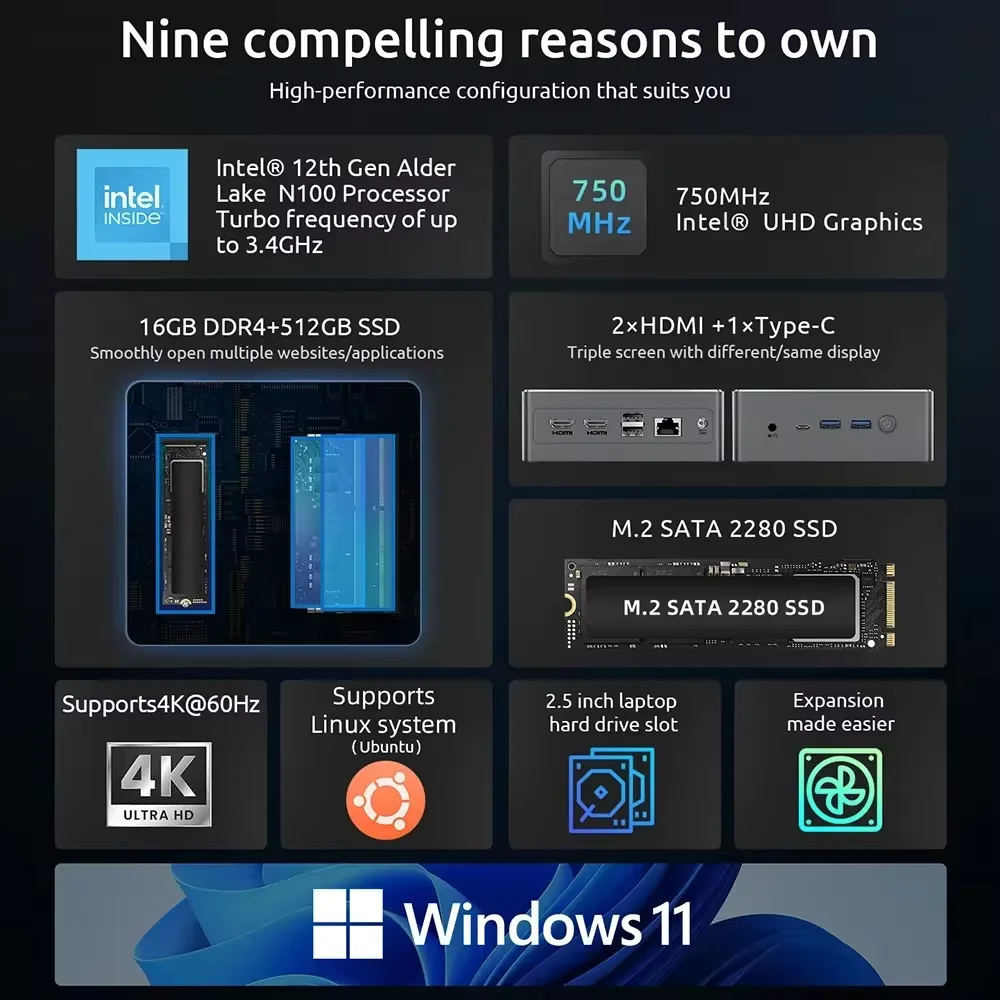 BMAX B4 Plus Мини-ПК Windows 11 ПК Intel N100 16 ГБ 512 ГБ SSD 2HDMI Поддержка микроПК 4K60 Гц для бизнеса, офиса, школы, дома