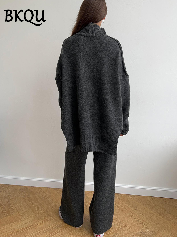 BKQU ニット 2 点セット女性タートルネックセーターとワイドレッグパンツ衣装秋冬カジュアルオフィスレディースホームウェア 2024