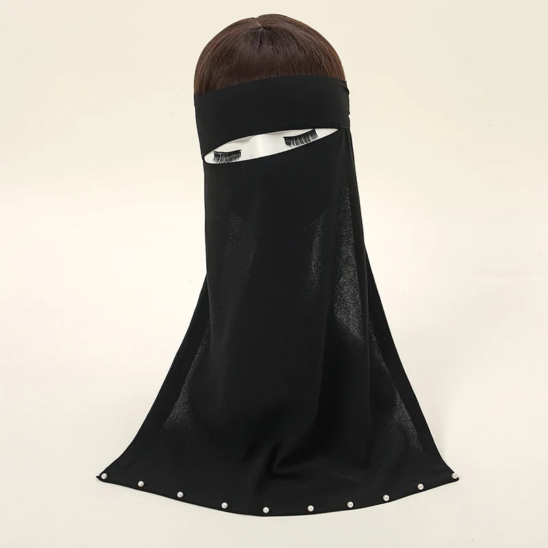 Preto miçangas chiffon cachecol niqab pérola rosto capa oração muçulmana khimar niqab rosto capa para mulheres xales de cor sólida 46*38cm