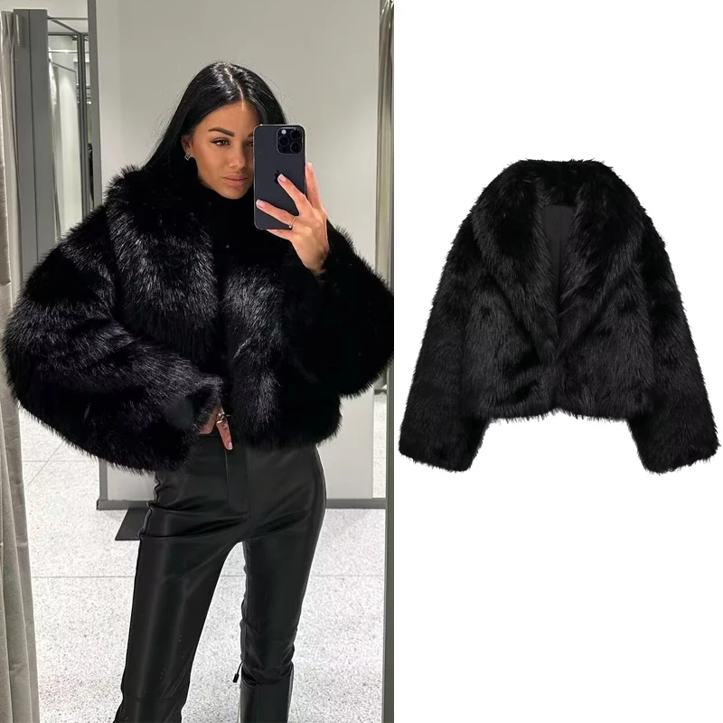 MUJER Schwarzer Kunstpelzmantel für Damen, Herbst-Winter-Plüschmäntel und Jacken, Streetwear-Outer, langärmelig, warme Damenmäntel