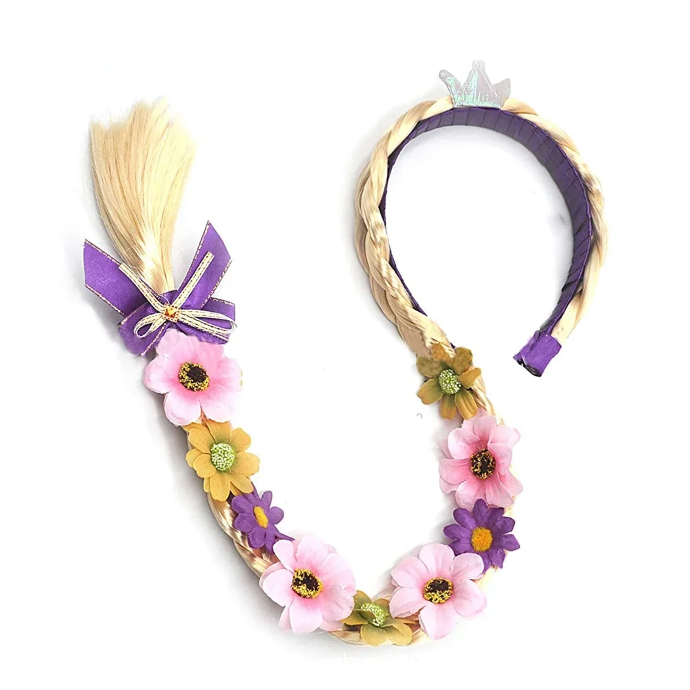 Parrucche da principessa per vestire Parrucche da principessa Rapunzel lunghe intrecciate Fasce con fiori adornano per accessori per costumi da ragazza