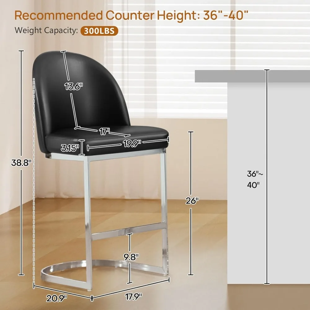 Counter Height Bar Stools Set of 3, 26" Upholstered Faux Leather Counter Stool with Scalloped Back and Metal Frame,