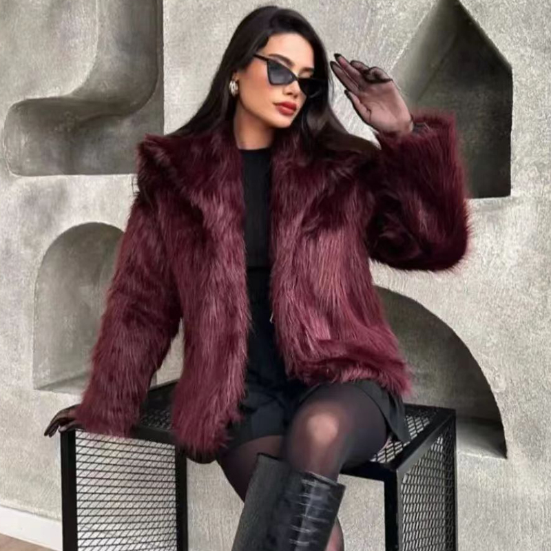 Hxao casaco de pele feminino 2024 pelúcia borgonha bombardeiro jaqueta sólida colheita manga longa jaqueta quente casacos de inverno mulher casacos casuais