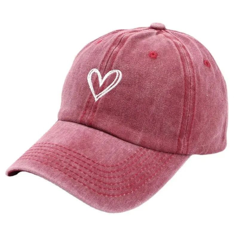 Gorra de béisbol lavada con bordado de corazón de melocotón para hombre y mujer, gorro fino, suave, versátil, primavera y verano