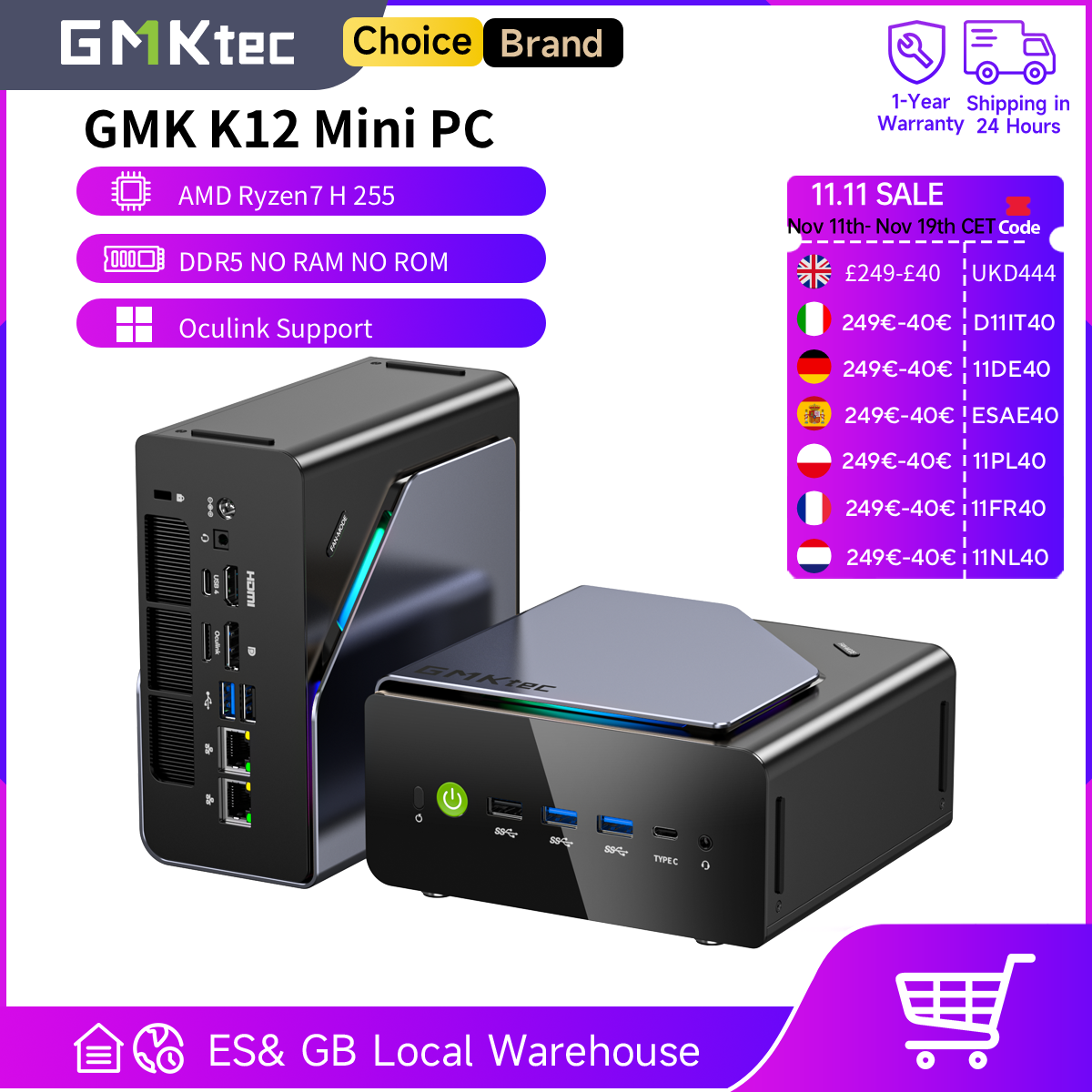 GMKtec K12 Mini PC AMD Ryzen7 H 255 (actualizado 8745HS) Oculink Soporte DDR5 NO RAM NO ROM NO OS Computadora de escritorio Juegos PC WIFI6E