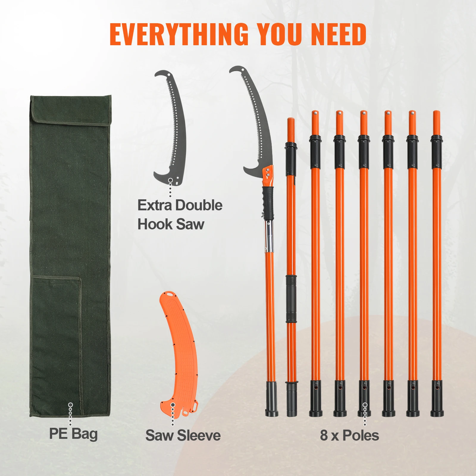 VEVOR Manual Pole Saw 7.3-27 ft Extendable Tree Pruner Manual High Branches Trimmer w/ 8 Handles for Pruning Palms and Shrubs