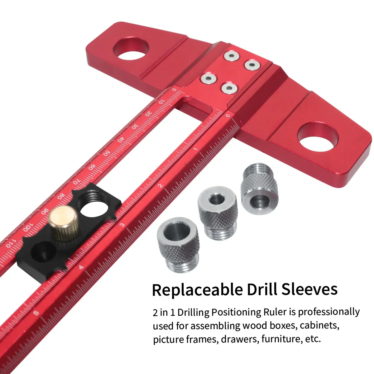 2 in 1 Drilling Positioning Scoring Ruler, Aluminum Alloy Versatile Dowelling Jig W- 6/8/10mm Drill Sleeves and Activity Block