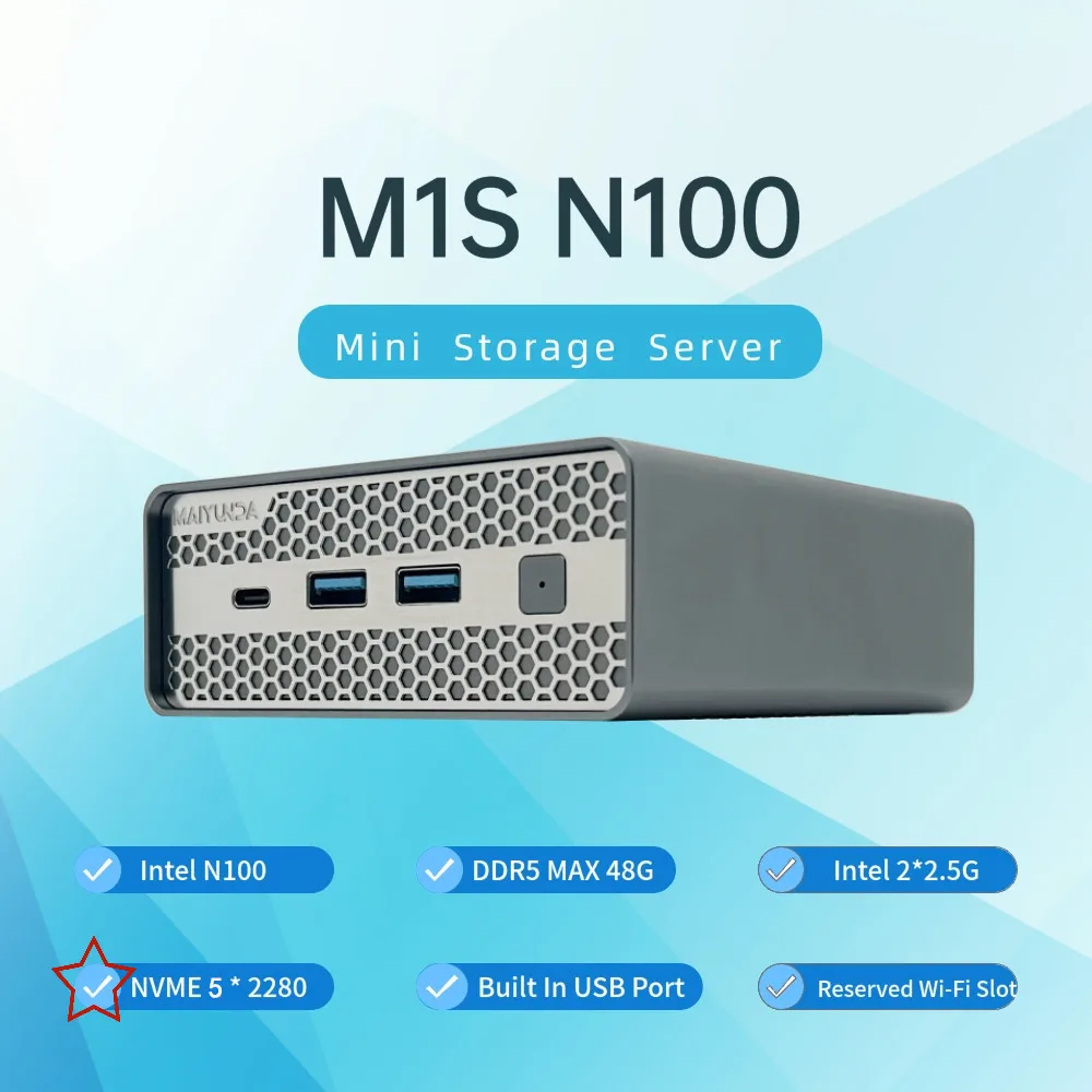 Maiyunda m1s 4 bay mini servidor de armazenamento nas 5 m.2 nvme pcie 3.0x1 caixa pc host roteador macio computador industrial doméstico n100