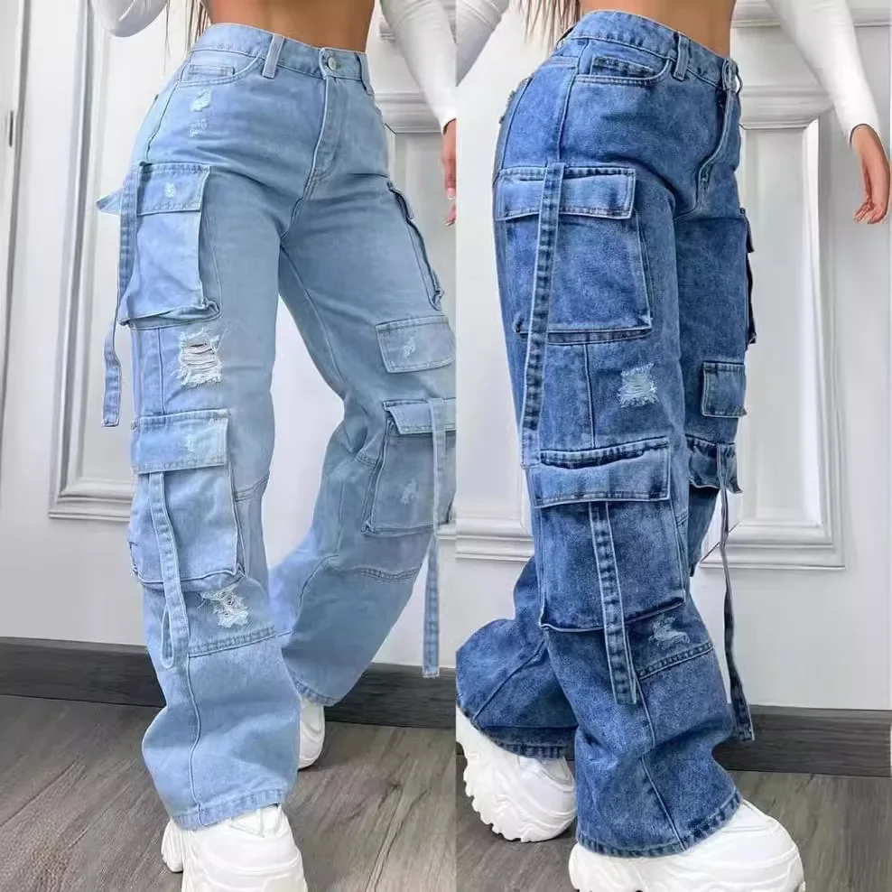 女性デニムパンツファッショナブルな無地多用途マルチポケットカジュアルパンツレディース大きいサイズハイウエストデニム 2025